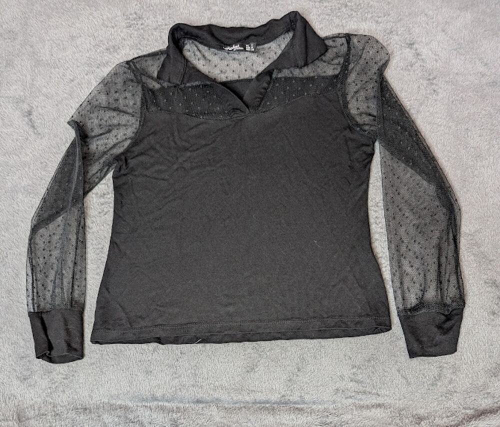 Women V Neck Long Mesh Dotted sleeves Collared  medium black top
